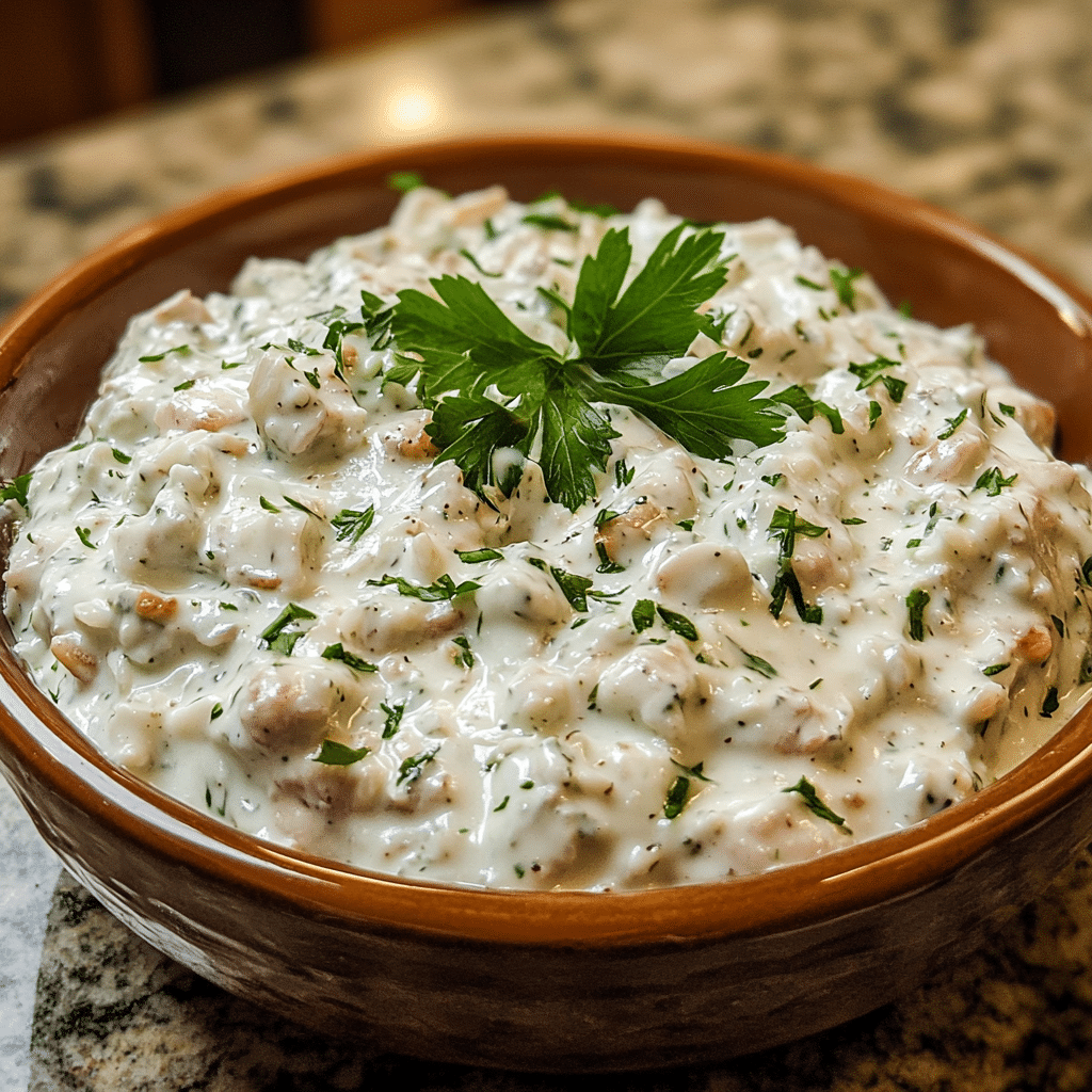 Homemade dump-and-bake chicken tzatziki with rice in a serving dish in a bright kitchen