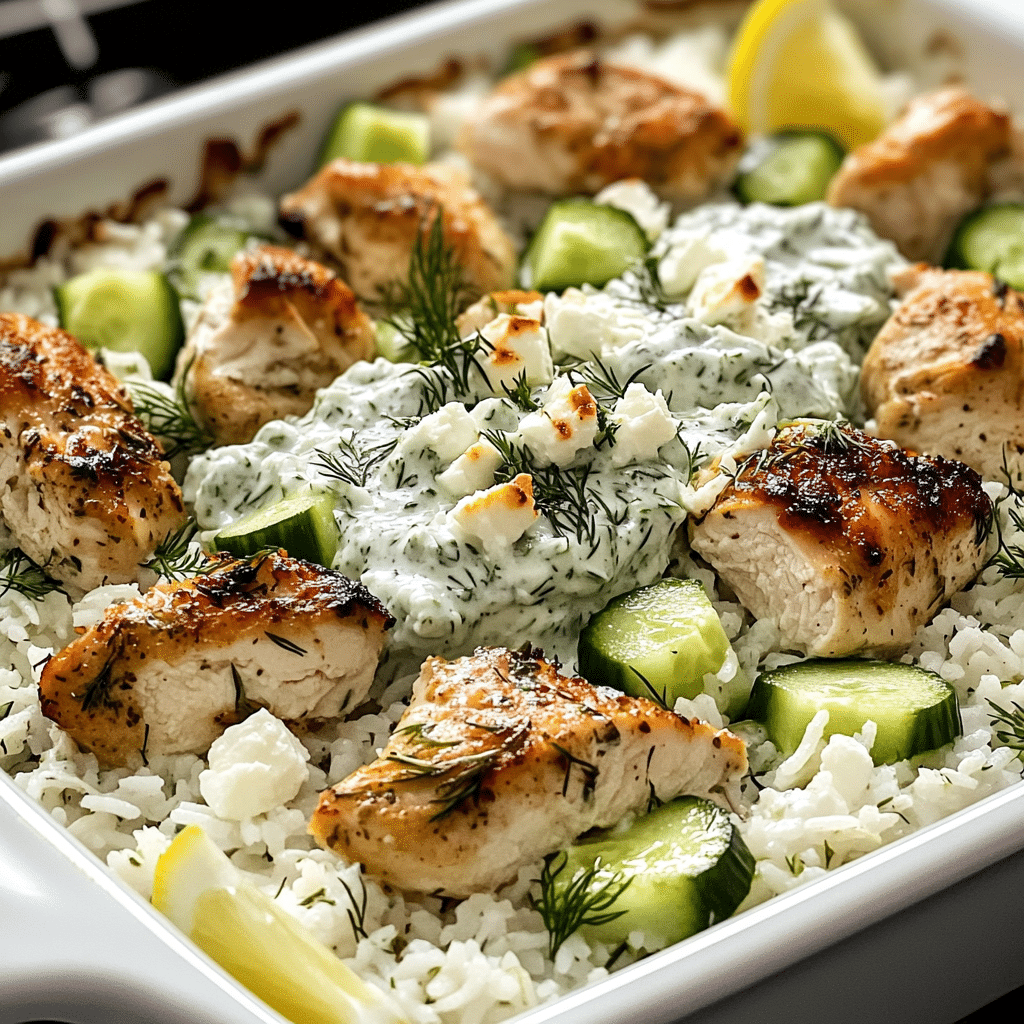 Dump-and-bake chicken tzatziki with rice topped with dill, cucumber, and feta