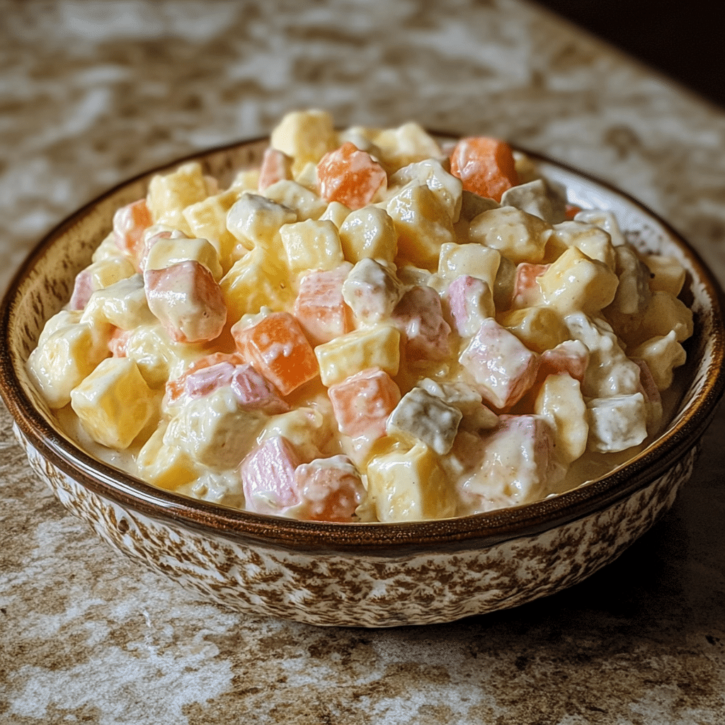 Homemade easter ambrosia salad in a serving dish in a bright kitchen