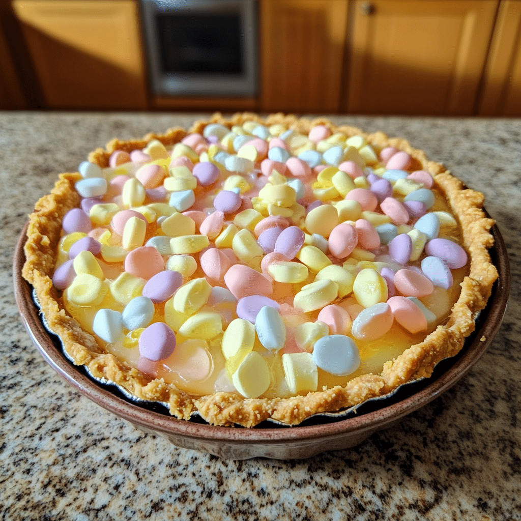 Homemade easter no bake jello pie in a serving dish in a bright kitchen