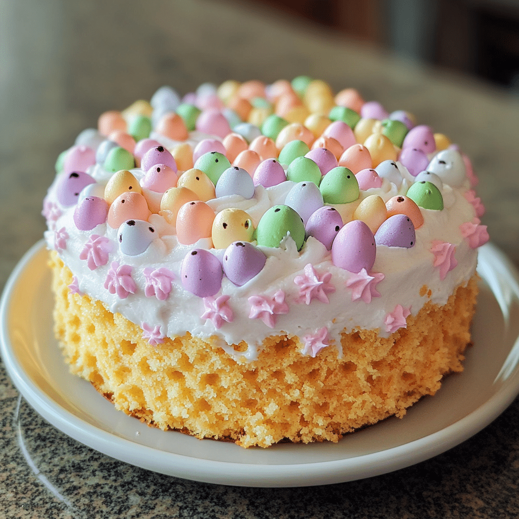 A pastel topped poke cake decorated for Easter with a soft moist crumb