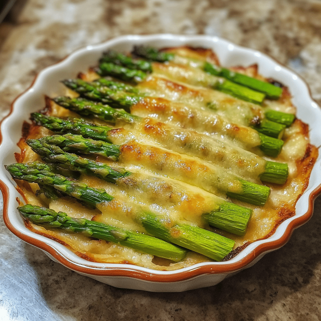 Homemade easy asparagus casserole in a serving dish in a bright kitchen