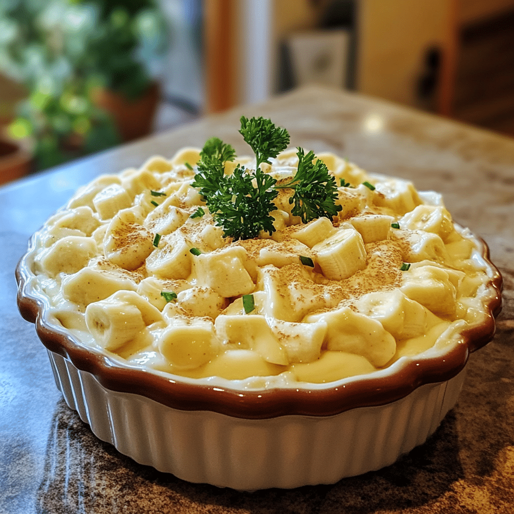 Homemade easy banana pudding fluff salad in a serving dish in a bright kitchen