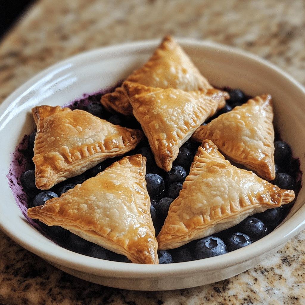 Homemade easy blueberry turnovers in a serving dish in a bright kitchen