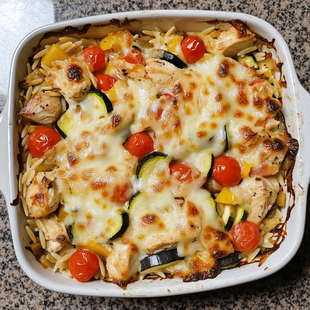 Creamy Boursin orzo bake with chicken pieces and vegetables in a casserole dish