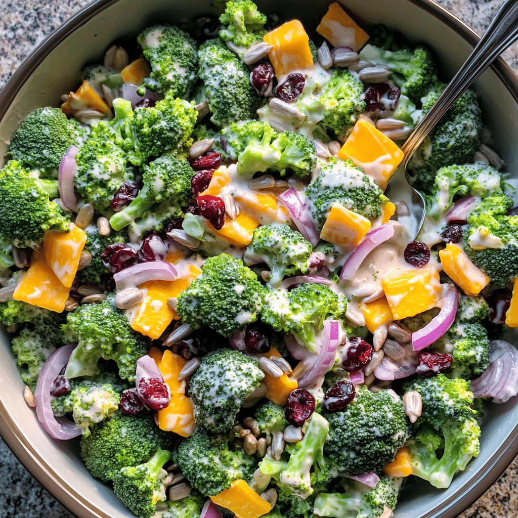 Broccoli salad with cranberries, sunflower seeds, and creamy dressing
