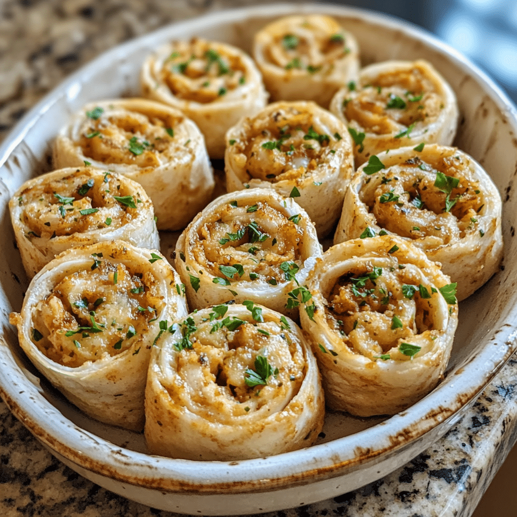 Homemade easy crack chicken pinwheels in a serving dish in a bright kitchen