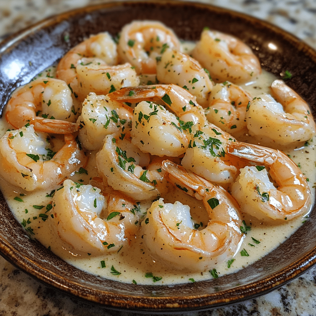 Homemade easy creamy garlic shrimp (15 minutes) in a serving dish in a bright kitchen