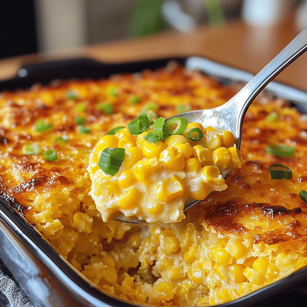 Baking dish of sweet corn casserole with golden top and creamy corn center