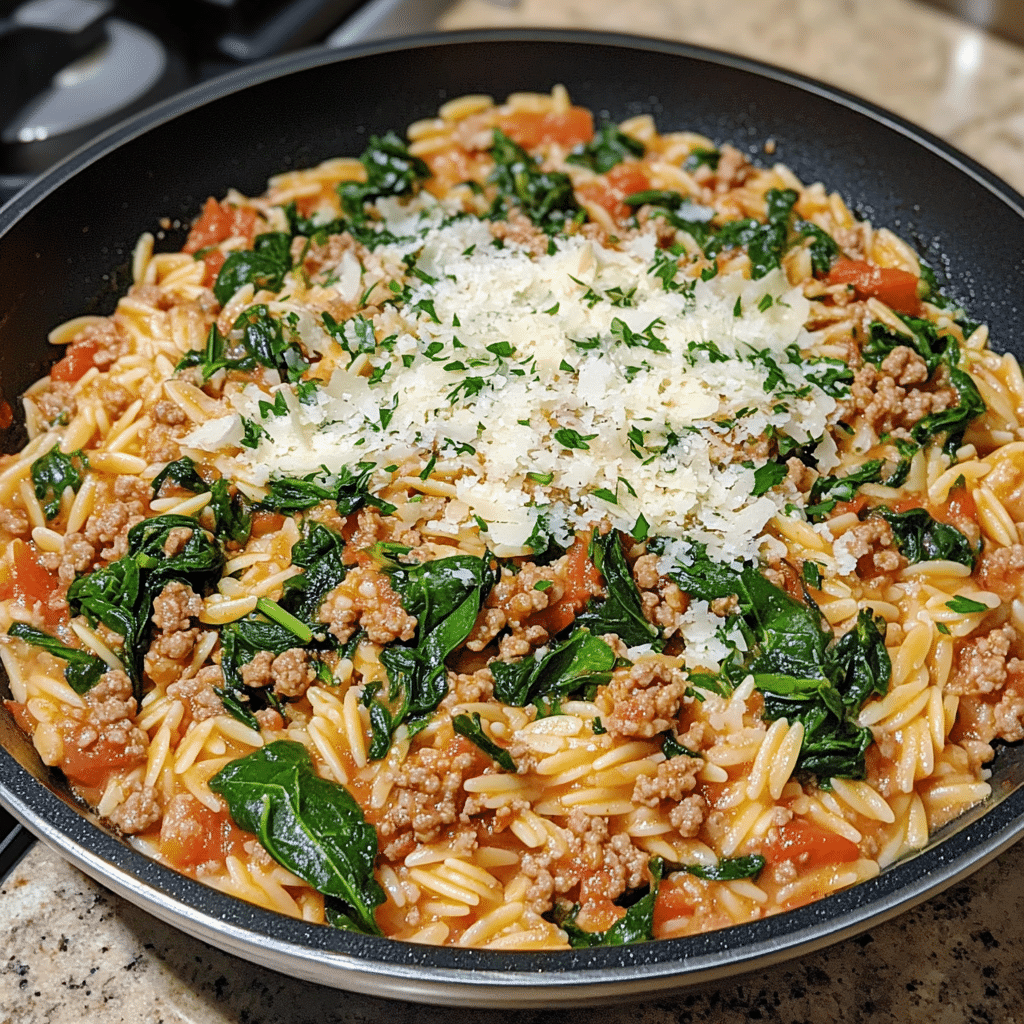Skillet of ground turkey spinach orzo with wilted spinach and parmesan