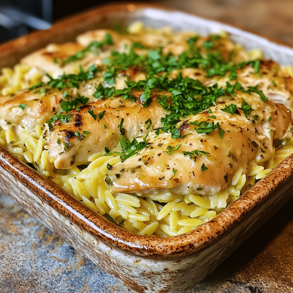 Homemade easy instant pot lemon herb chicken orzo in a serving dish in a bright kitchen