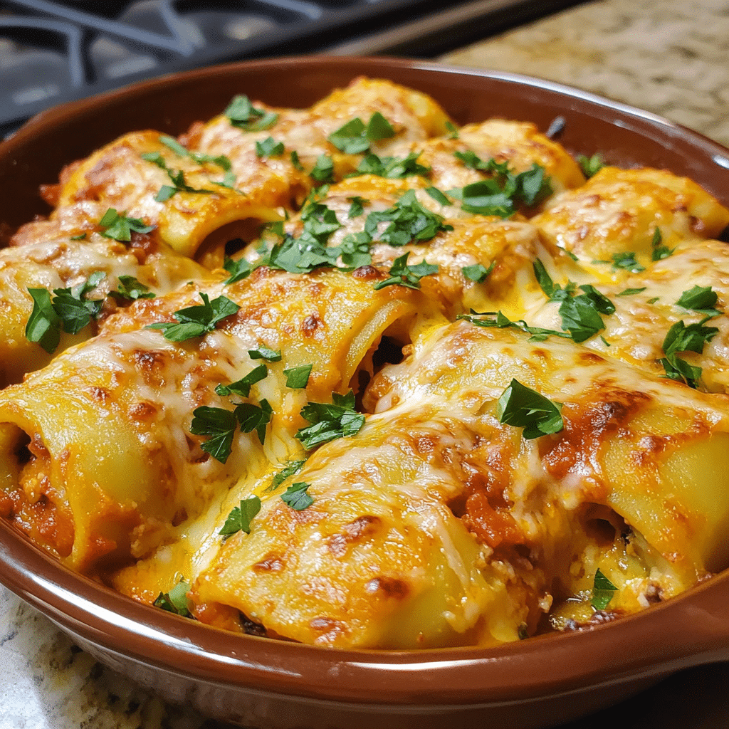 Homemade easy lasagna roll ups in a serving dish in a bright kitchen