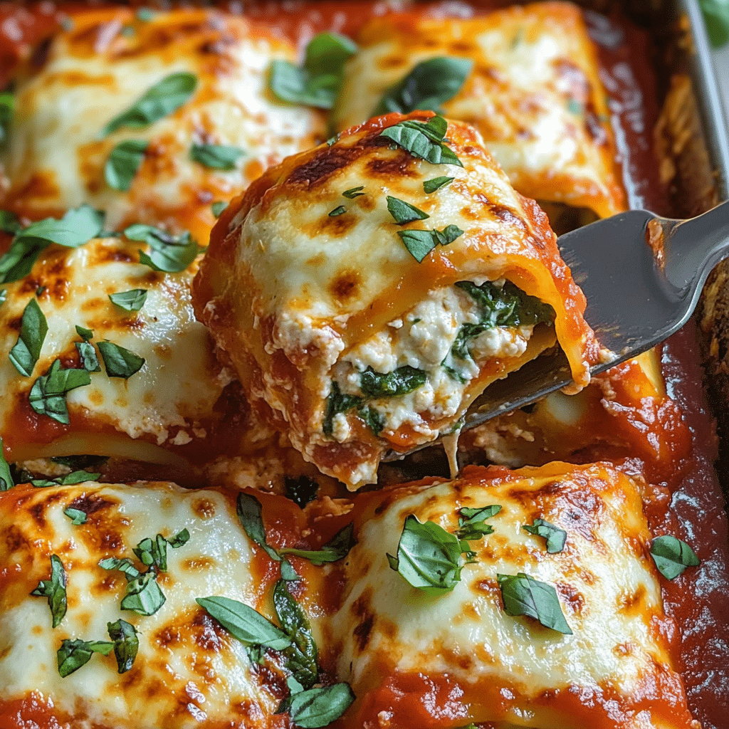 Baking dish of lasagna rolls with marinara and melted cheese