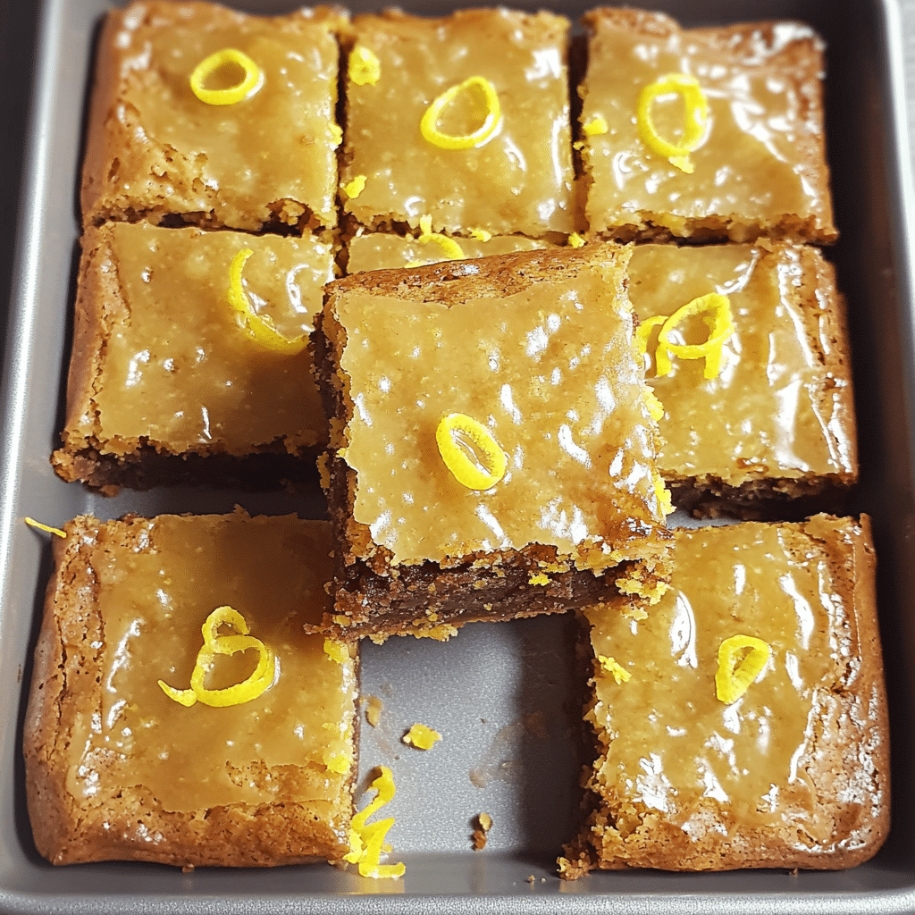 Lemon brownies cut into bars with glossy lemon glaze