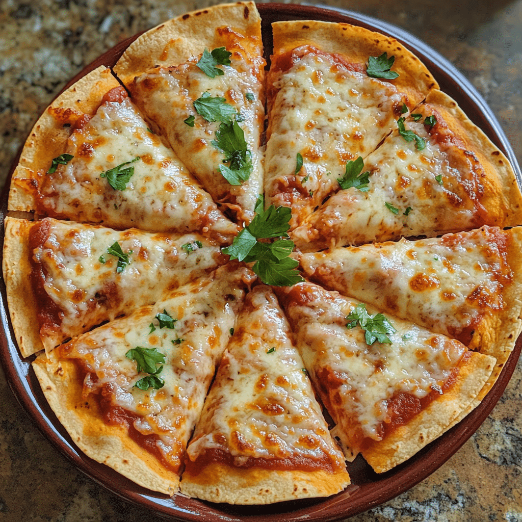 Homemade easy low carb pizza with tortillas - make it in about 15 minutes! in a serving dish in a bright kitchen