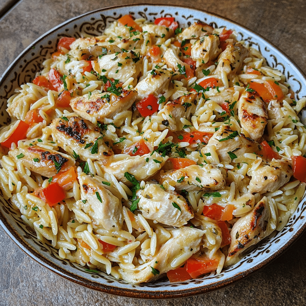 Homemade easy mediterranean chicken orzo in a serving dish in a bright kitchen