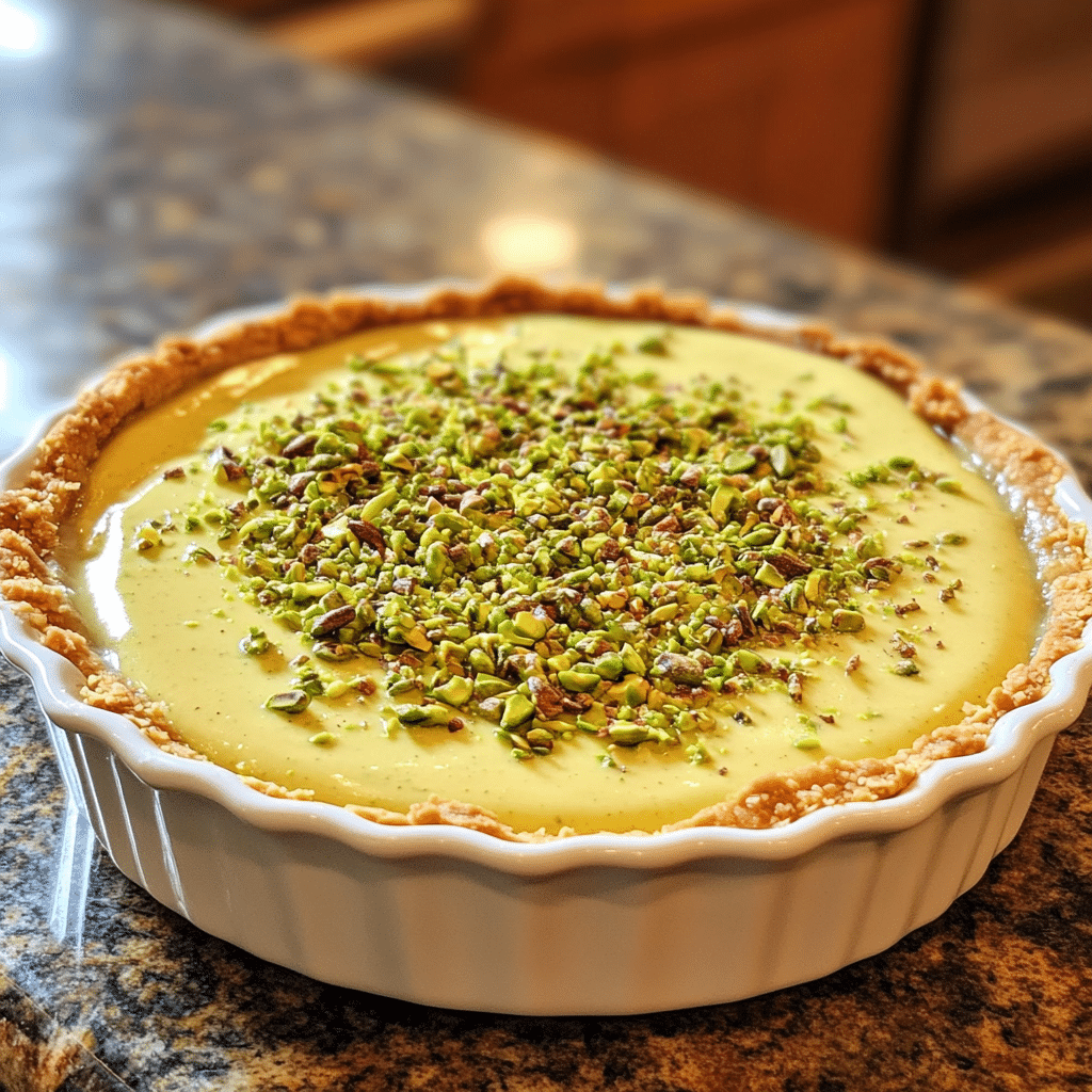 Homemade easy pistachio pudding pie served in a dish in a bright kitchen