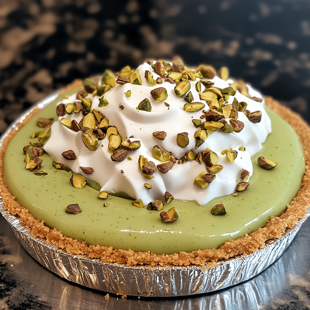 Pistachio pudding pie with graham cracker crust and chopped pistachios
