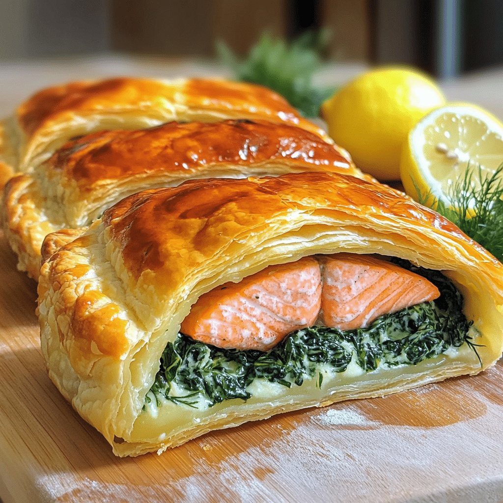 sliced salmon en croute with golden puff pastry and spinach filling with lemon wedges