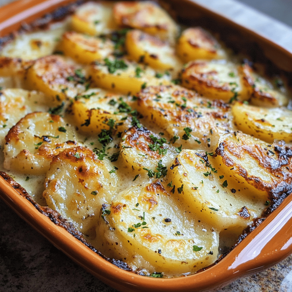 Homemade easy scalloped potatoes in a serving dish in a bright kitchen