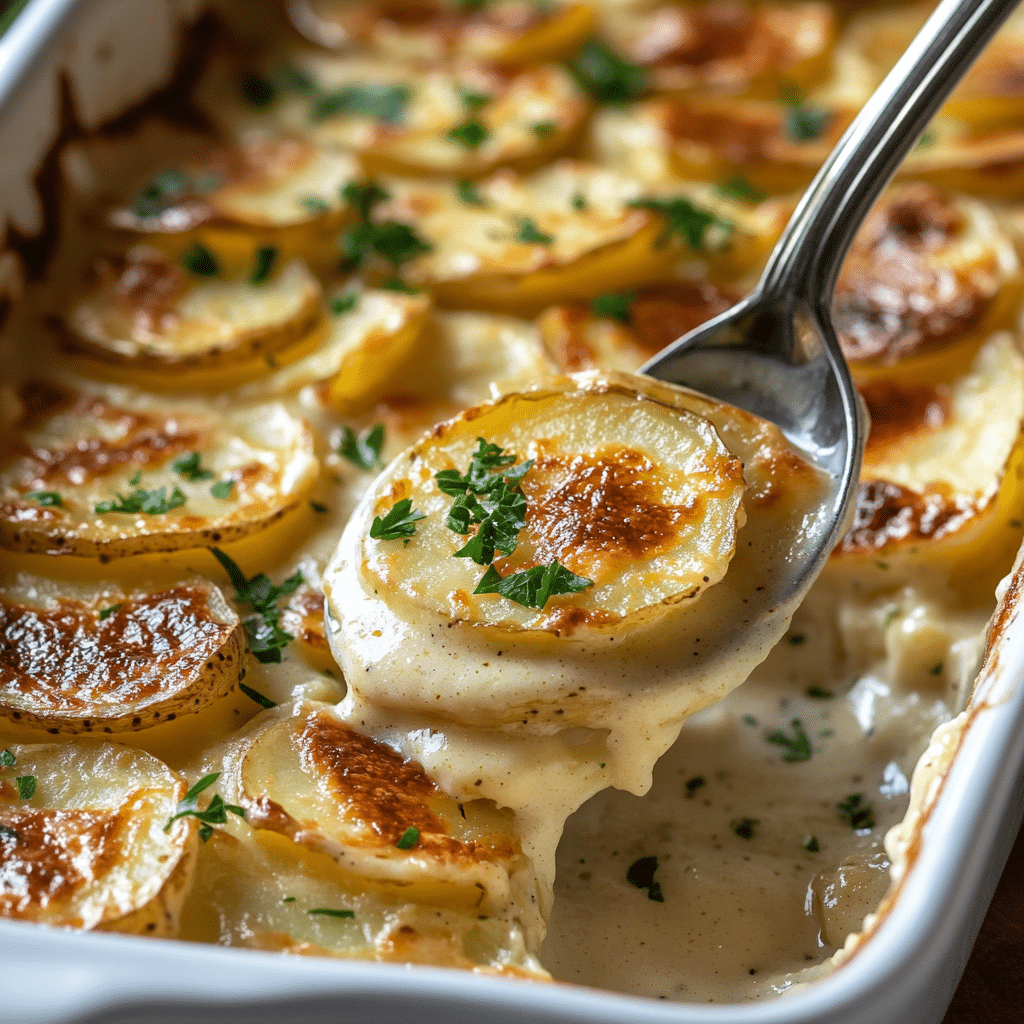 Baking dish of scalloped potatoes with creamy layers and golden top