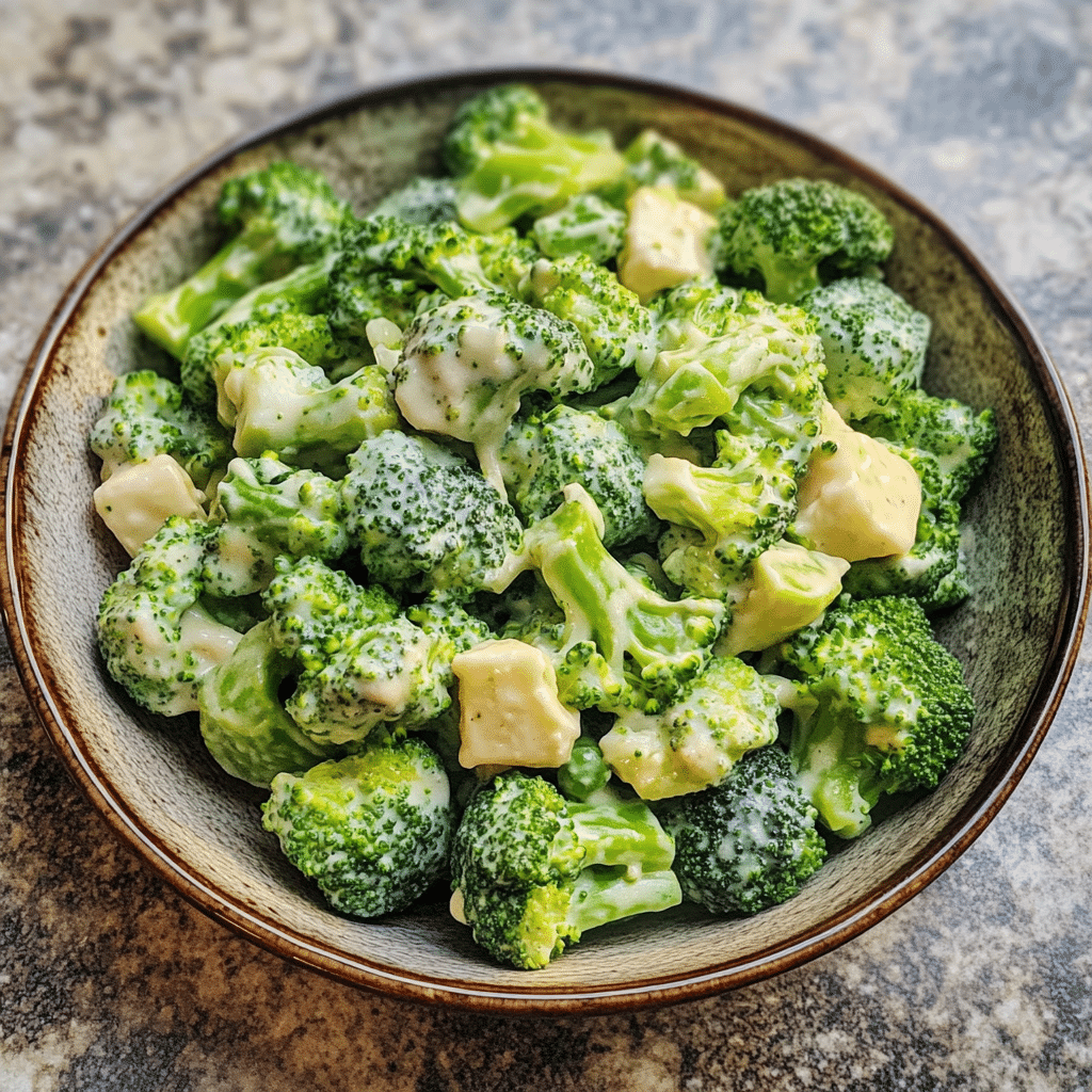 Homemade easy summer broccoli salad served in a dish in a bright kitchen