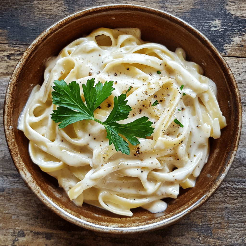 Homemade easy vegan alfredo sauce in a serving dish in a bright kitchen