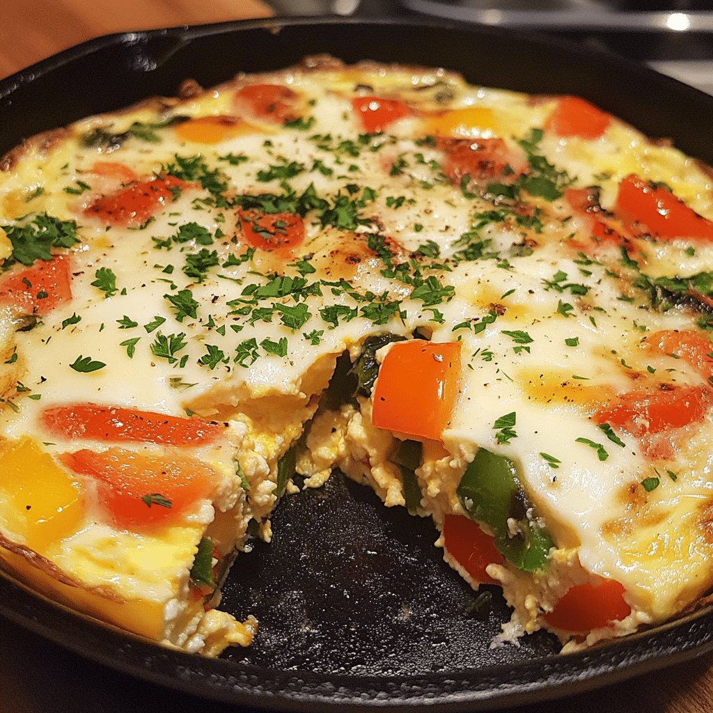 vegetable frittata in a skillet with colorful vegetables and cheese sliced into wedges