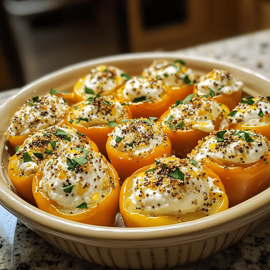 Homemade everything cream cheese stuffed mini peppers - wellness by kay in a serving dish in a bright kitchen