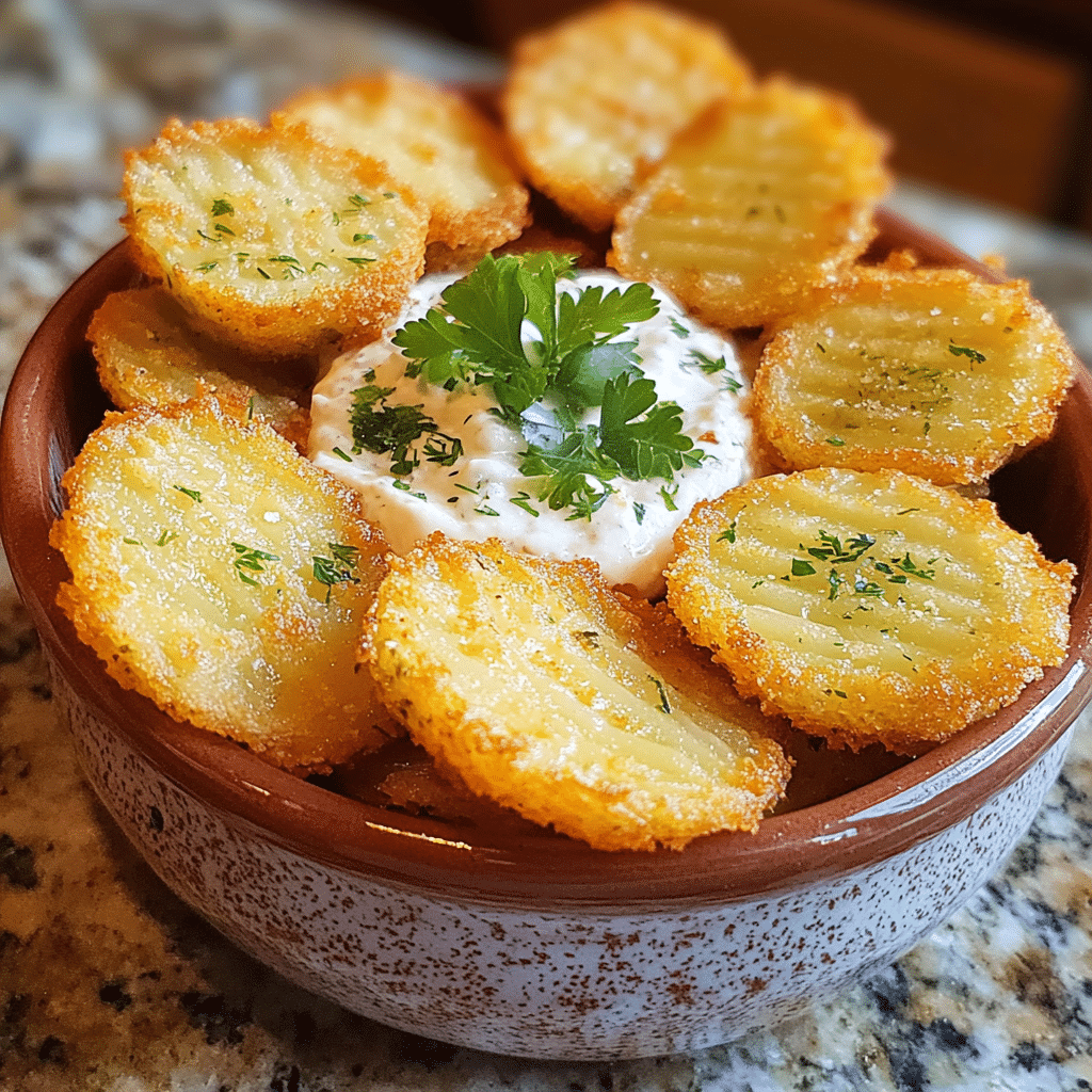 Homemade fried dill pickle dip in a serving dish in a bright kitchen