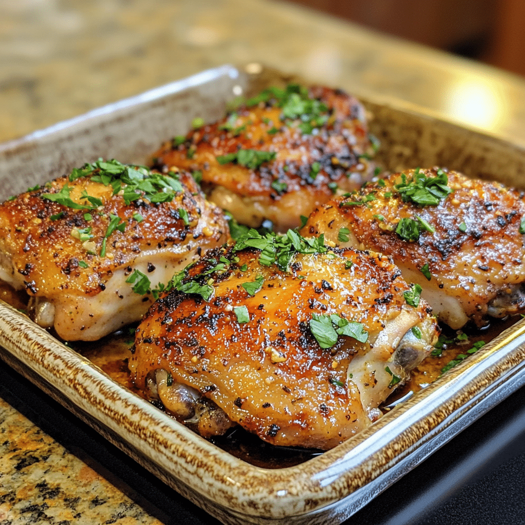 Homemade garlic butter chicken thighs (sheet pan dinner) in a serving dish in a bright kitchen