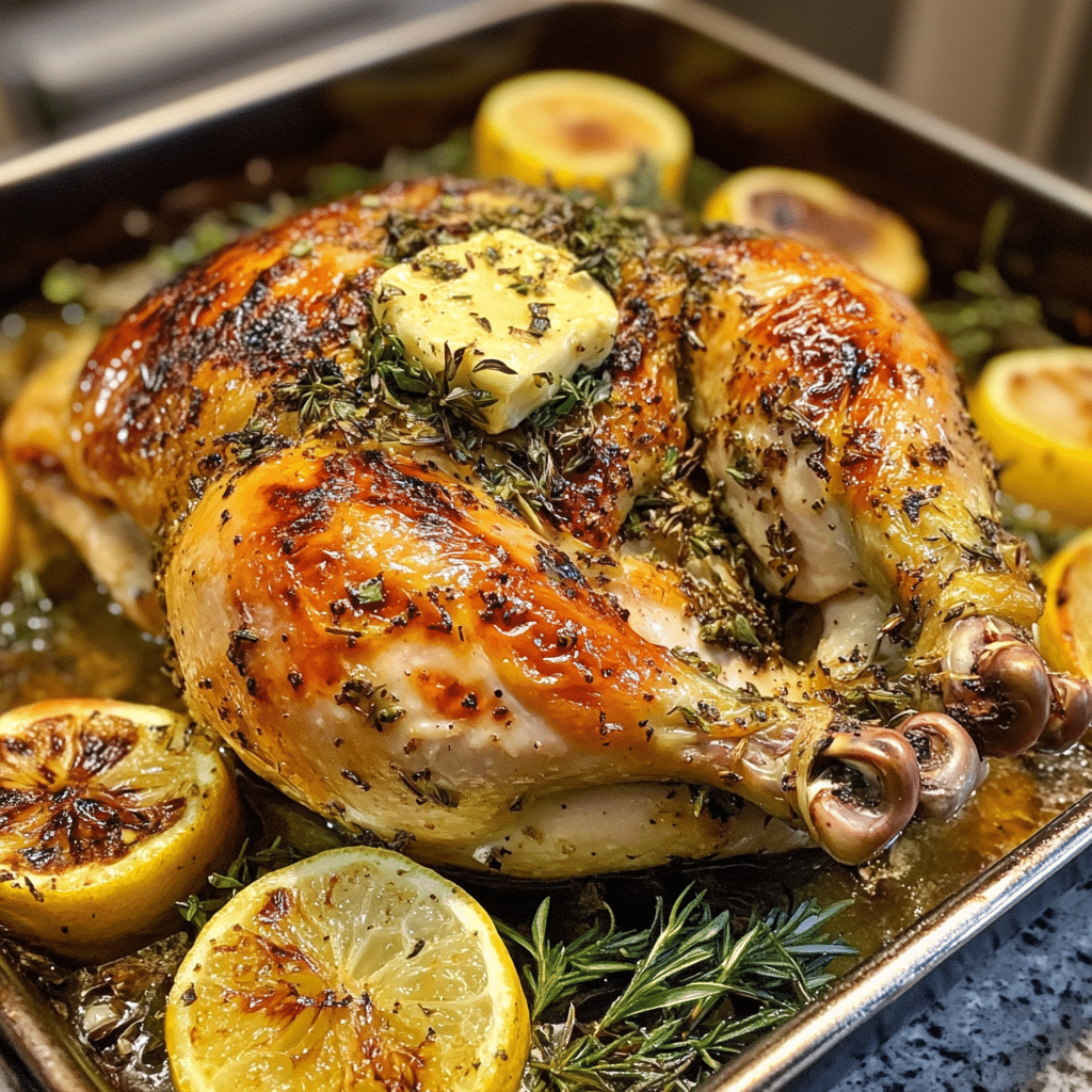garlic herb roasted chicken with golden crispy skin in roasting pan with lemon and herbs