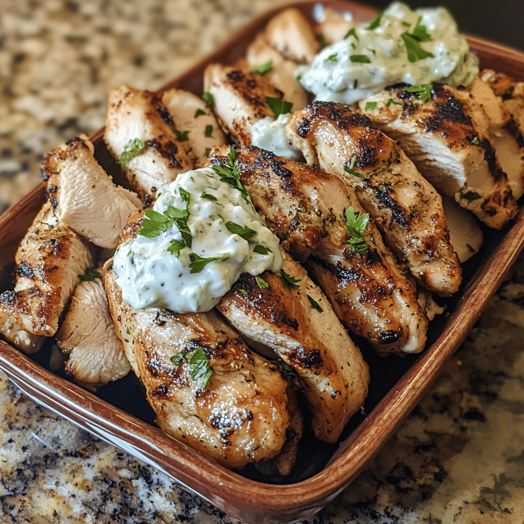 Homemade greek chicken gyros with tzatziki in a serving dish in a bright kitchen