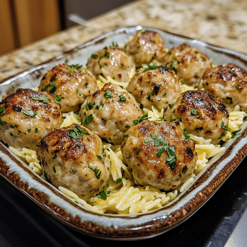 Homemade greek chicken meatballs with lemon orzo in a serving dish in a bright kitchen