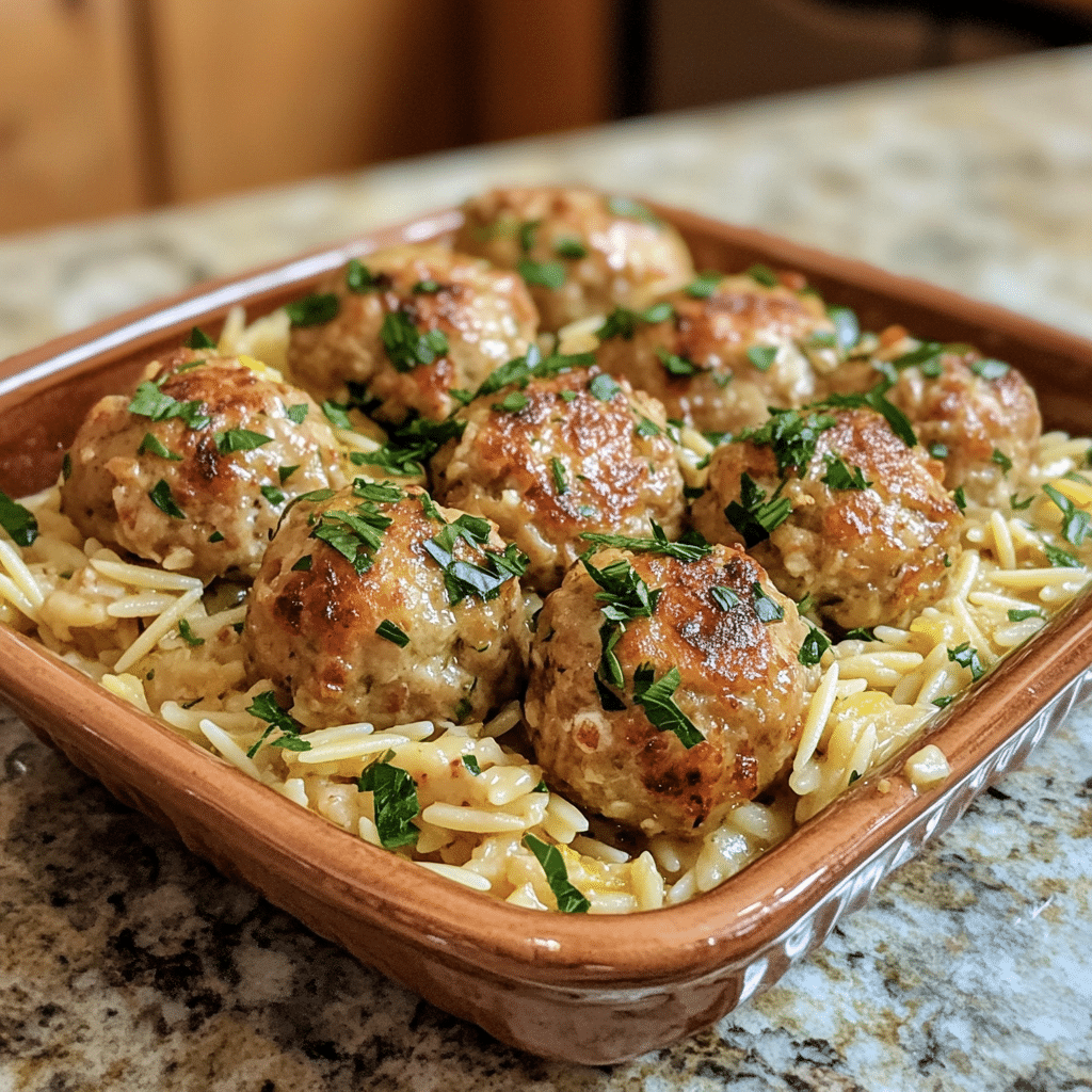 Homemade greek chicken meatballs with lemon orzo in a serving dish in a bright kitchen