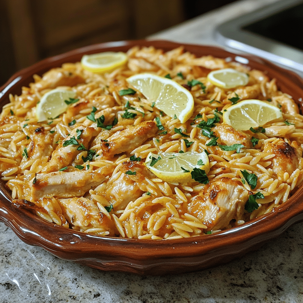Homemade greek chicken orzo pasta bake with lemon (one pan) in a serving dish in a bright kitchen