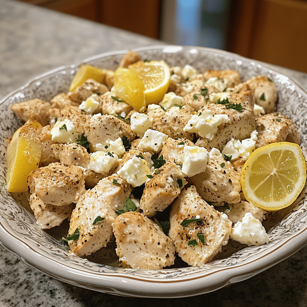 Homemade greek chicken with lemon and feta in a serving dish in a bright kitchen