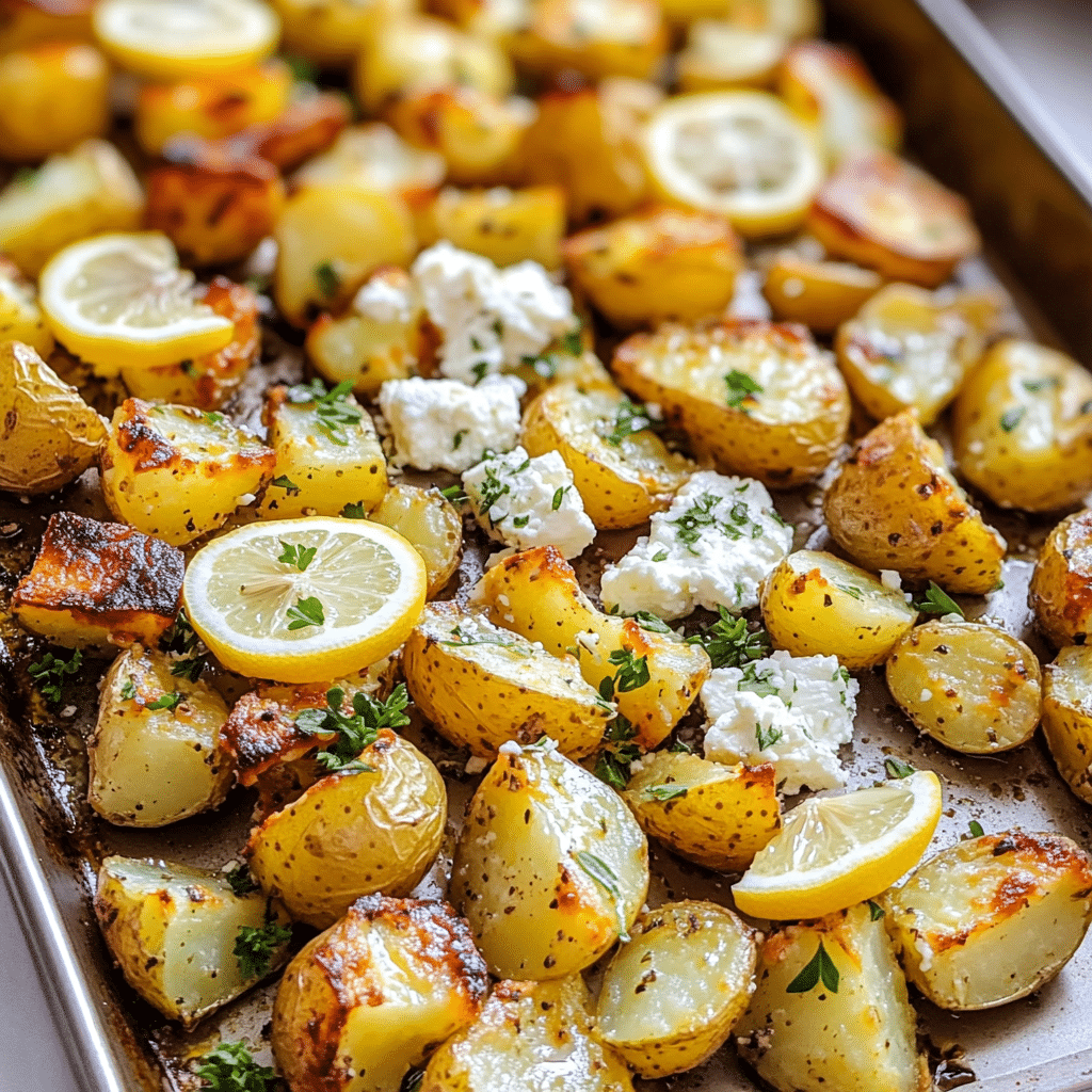 Roasted potatoes with feta-style cheese, lemon, oregano, and parsley