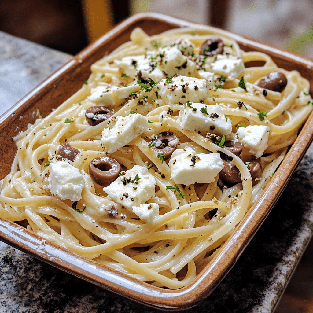 Homemade greek pasta with feta and olives (25-minutes) in a serving dish in a bright kitchen