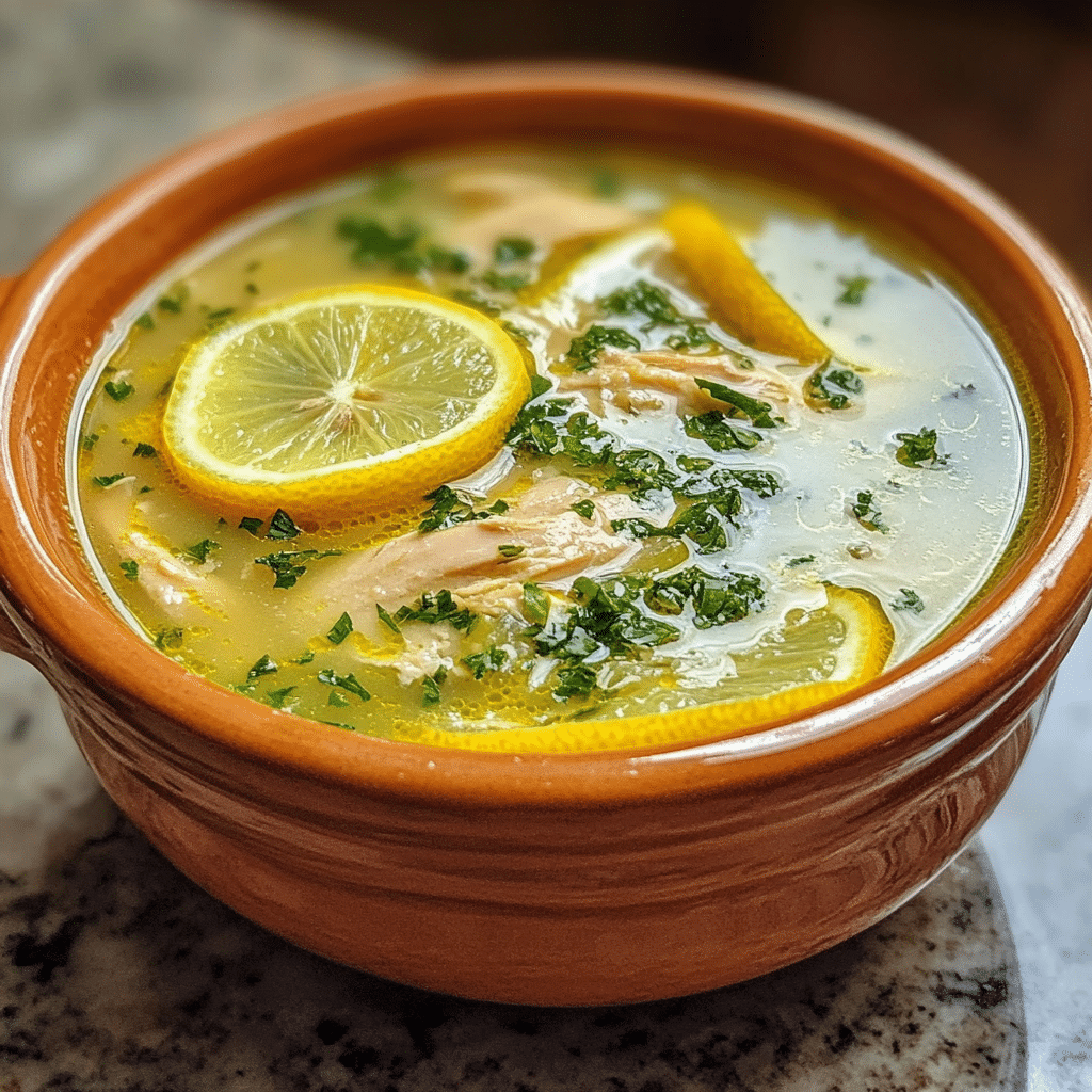 Homemade greek-style lemon chicken soup - brocc your body in a serving dish in a bright kitchen