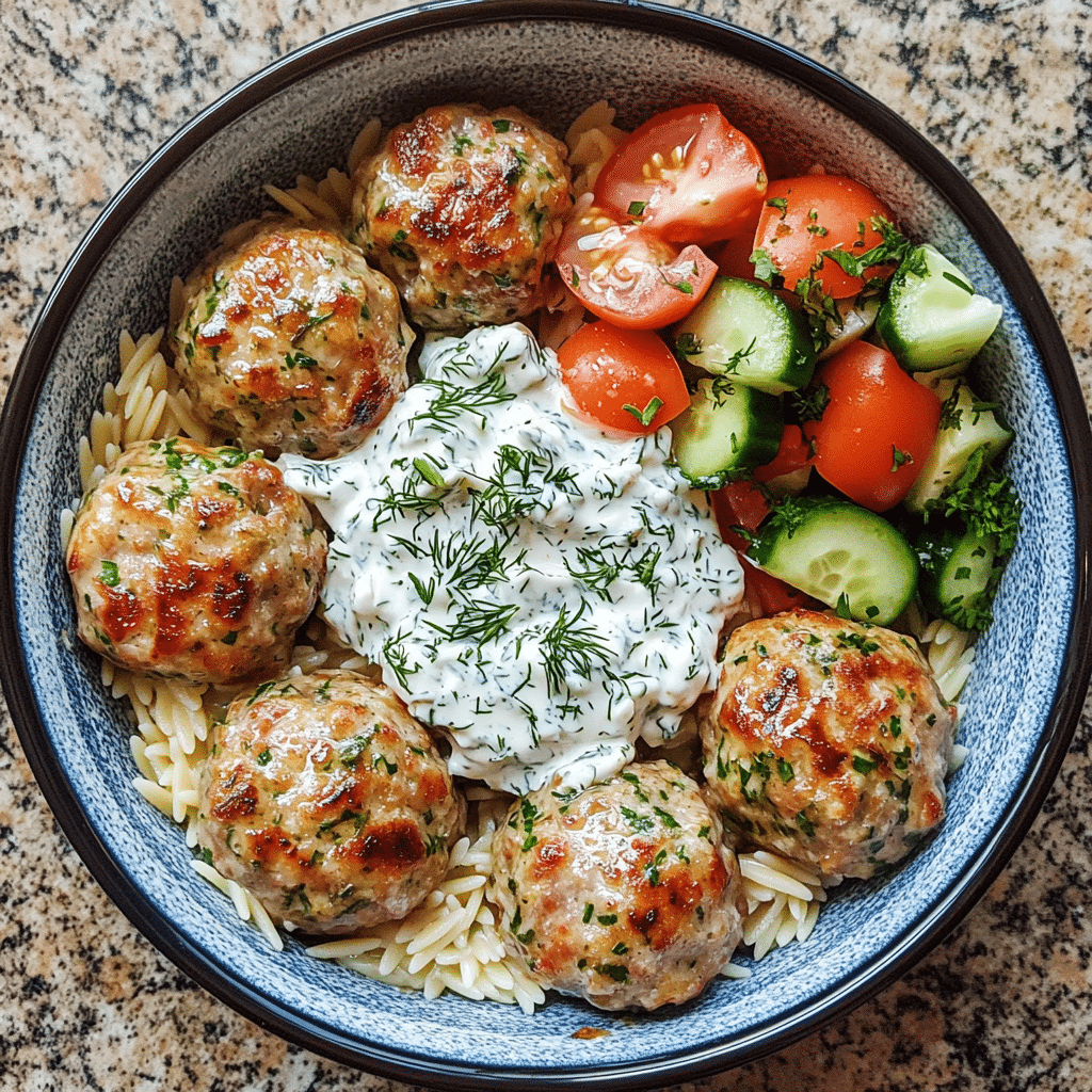 Greek turkey meatballs over orzo with feta sauce and dill