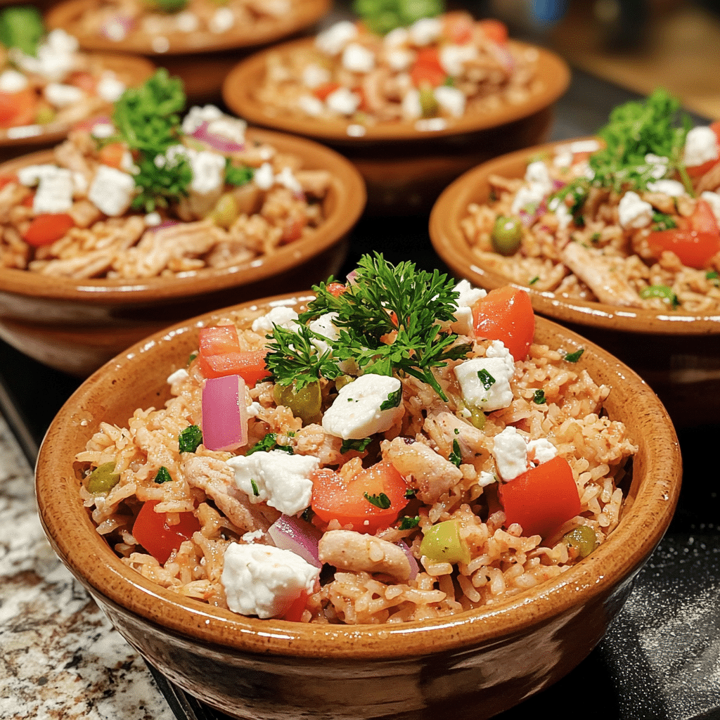 Homemade greek turkey rice bowls in a serving dish in a bright kitchen