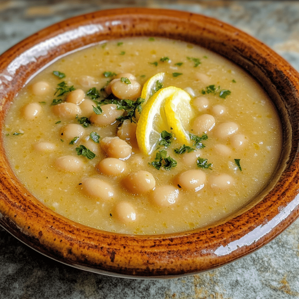 Homemade greek white bean soup with garlic & lemon - real greek recipes in a serving dish in a bright kitchen