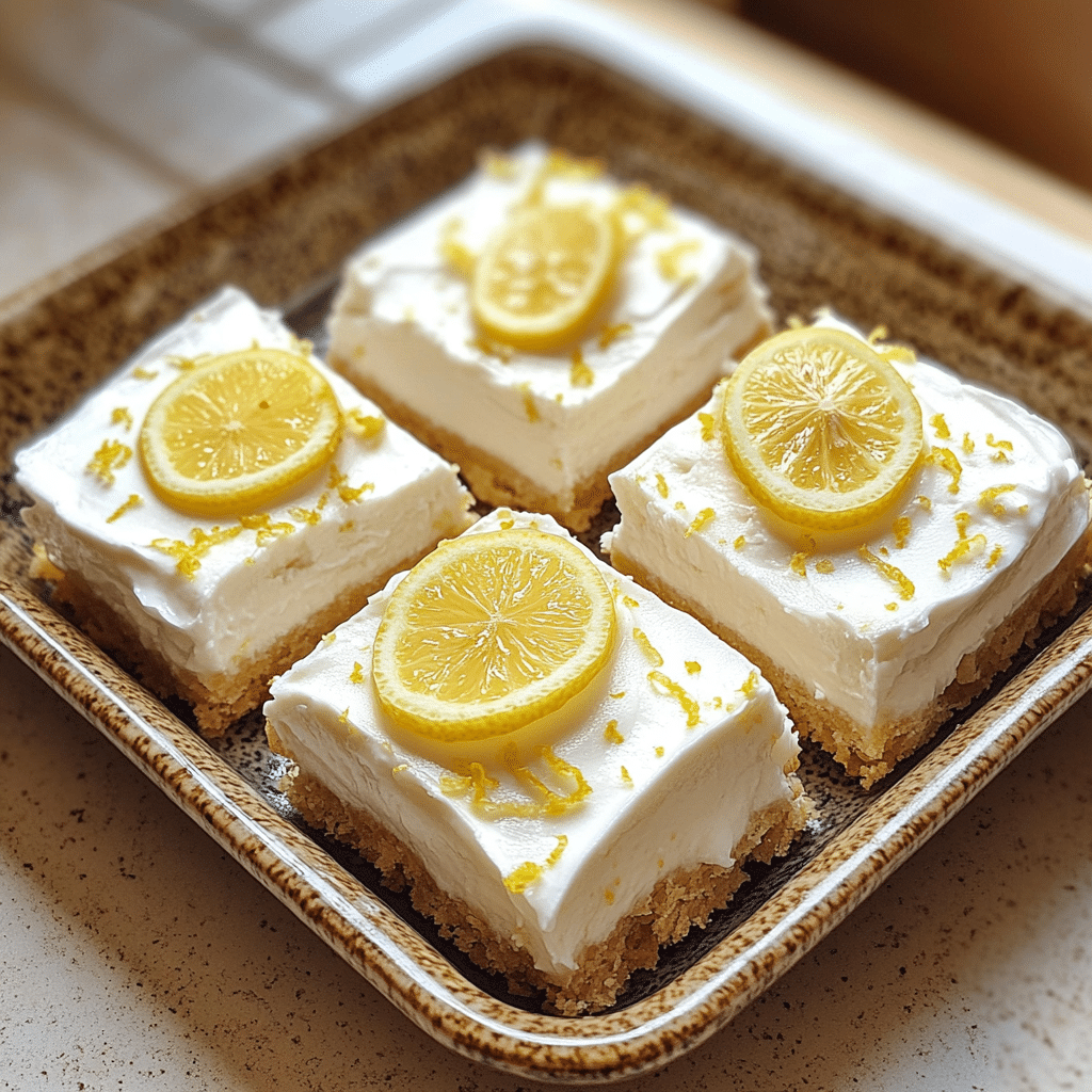 Homemade greek yogurt lemon cheesecake bars in a serving dish in a bright kitchen