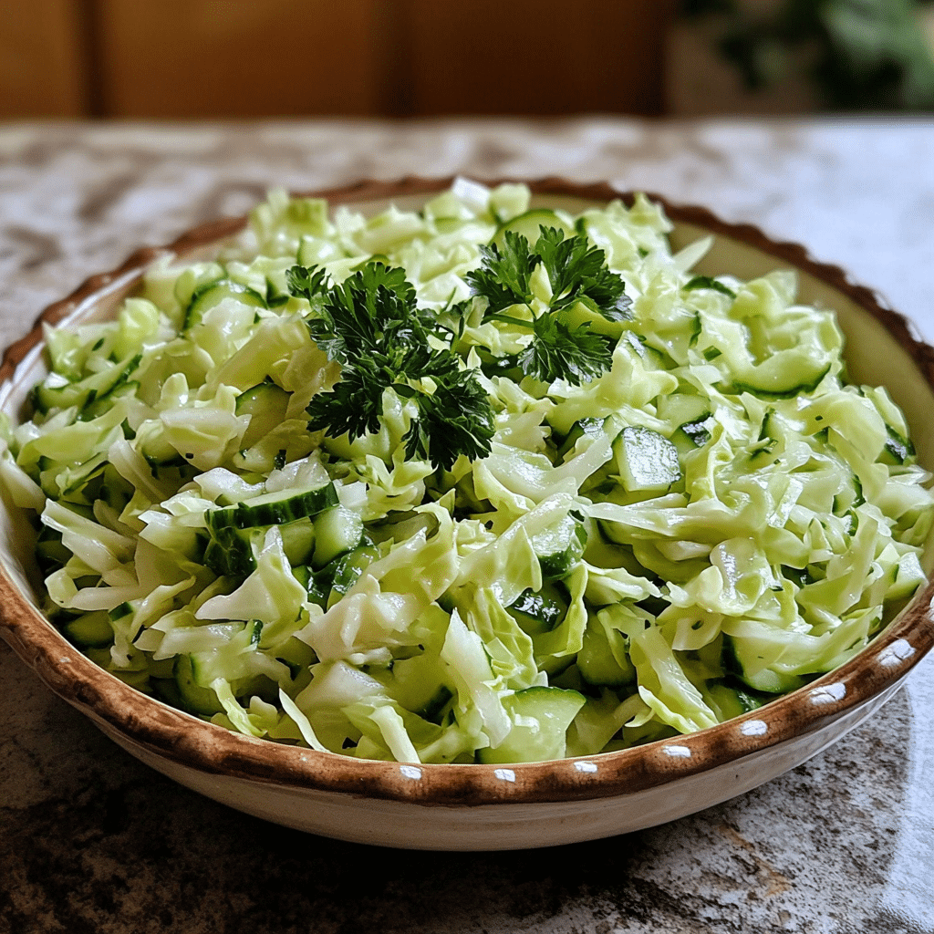 Homemade green cabbage cucumber salad - olga in the kitchen in a serving dish in a bright kitchen