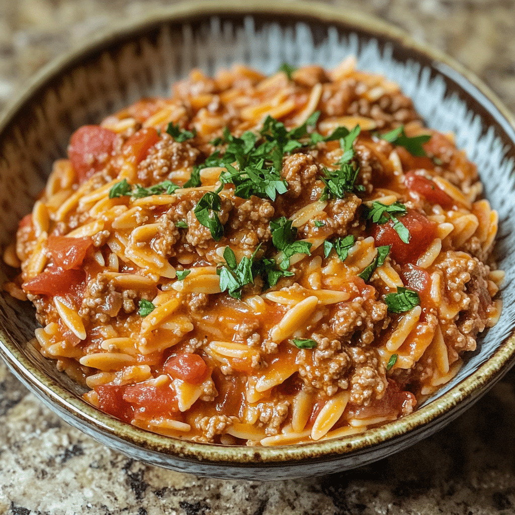 Homemade ground beef orzo with tomato cream sauce in a serving dish in a bright kitchen