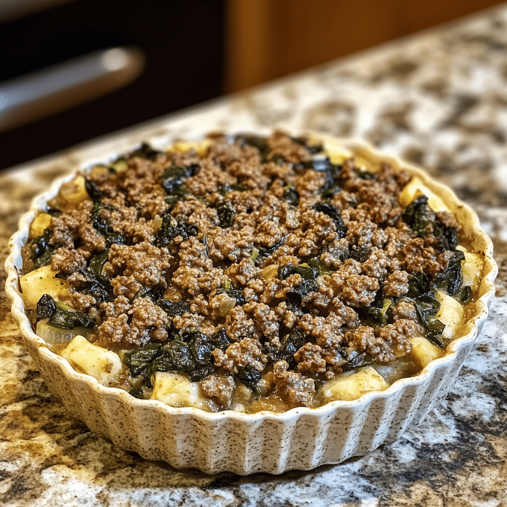 Homemade ground beef & spinach casserole in a serving dish in a bright kitchen