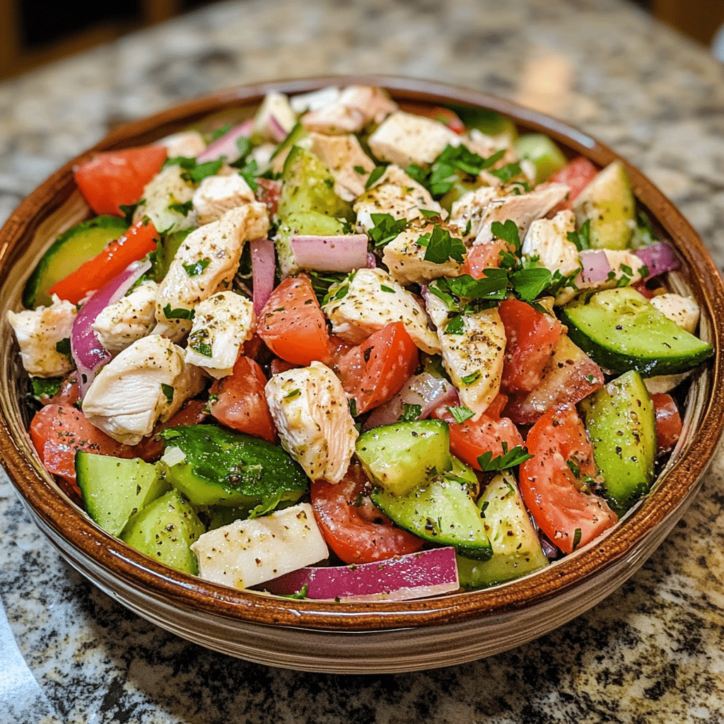 Homemade healthy greek salad with chicken in a serving dish in a bright kitchen