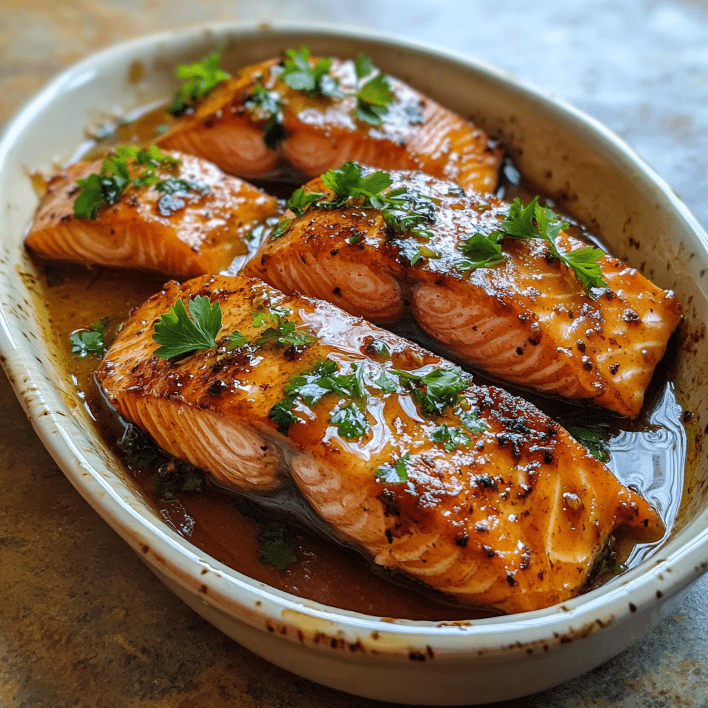 Homemade honey garlic salmon in a serving dish in a bright kitchen