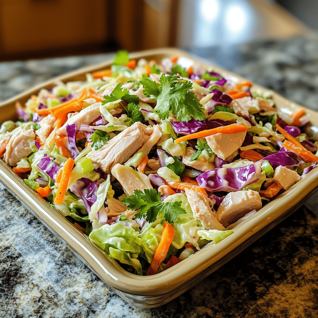 Homemade halal cabbage and turkey salad in a serving dish in a bright kitchen
